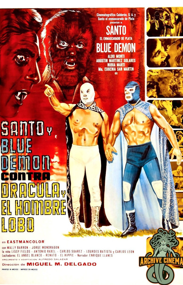 Santo & Blue Demon vs Dracula & the Wolf Man -- Deluxe 11" x 17" Poster Art Print || Lucha Libre Tag Team!