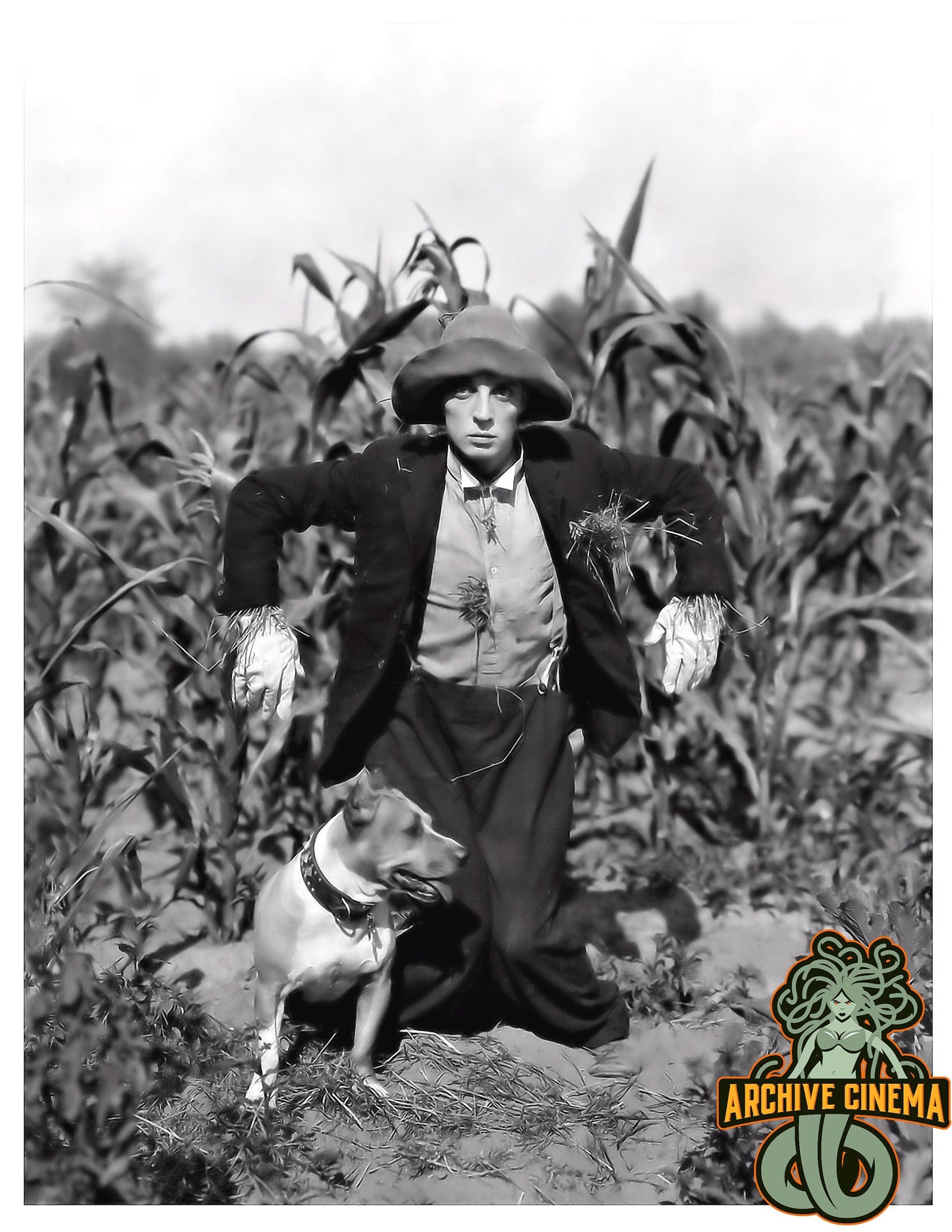 Buster Keaton -- Deluxe 8.5" x 11" Wall Art Print | Buster Keaton as Scarecrow! His Faithful Pitbull Awaits!